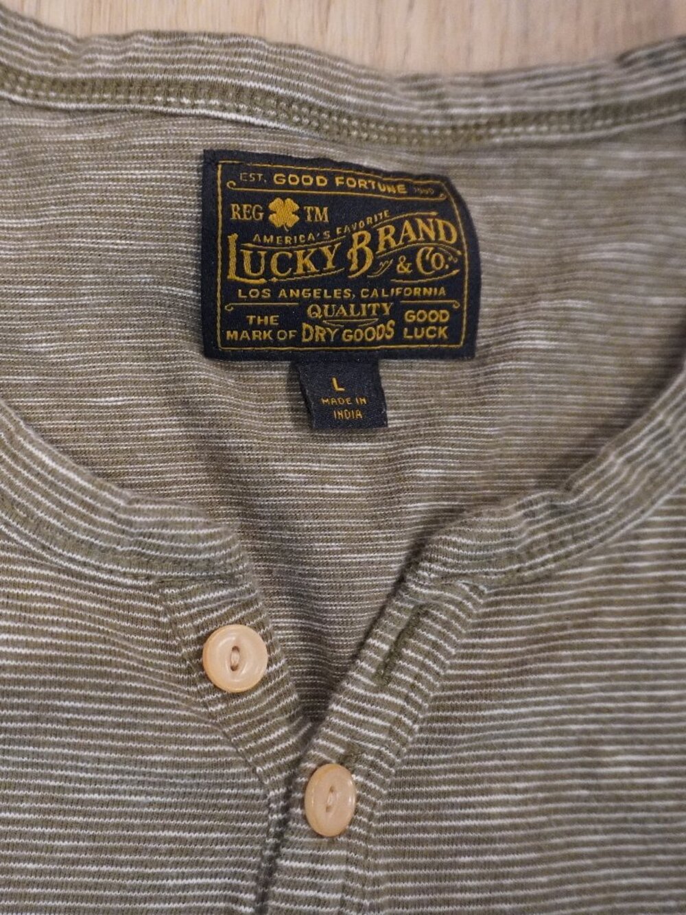 Lucky Brand Striped Henley T-Shirt Mens Large Green Short Sleeve Button Neck